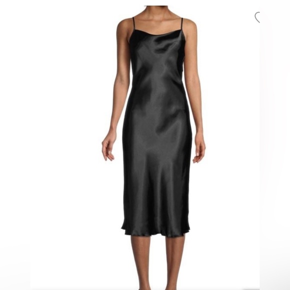Bebe satin effect cowl neck black spaghetti strap bias cut slip dress size Large - Picture 1 of 4